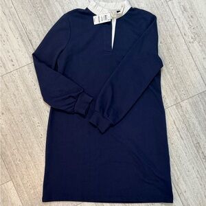 NWT Charter Club Navy Blue Dress White Ruffle Collar Long Sleeve Size Large